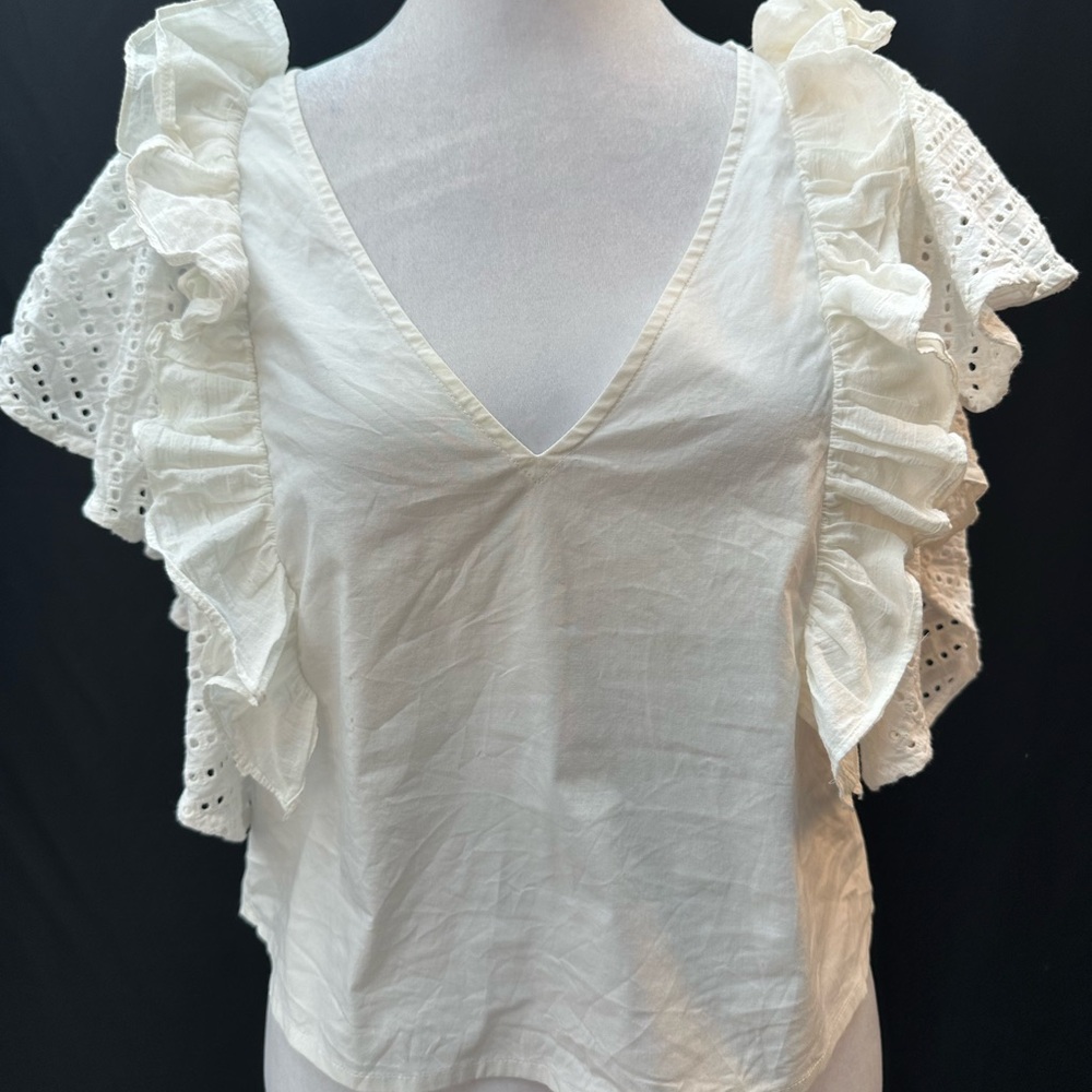 Club Monaco White Ruffle Eyelet V-Neck Blouse S